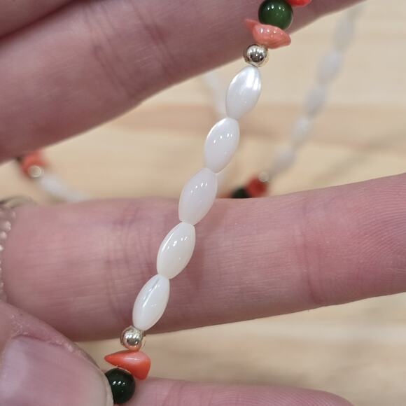 Jade Beads Coral Chips Mother of Pearl Rice Beads 18" Beaded Necklace - Picture 14 of 15